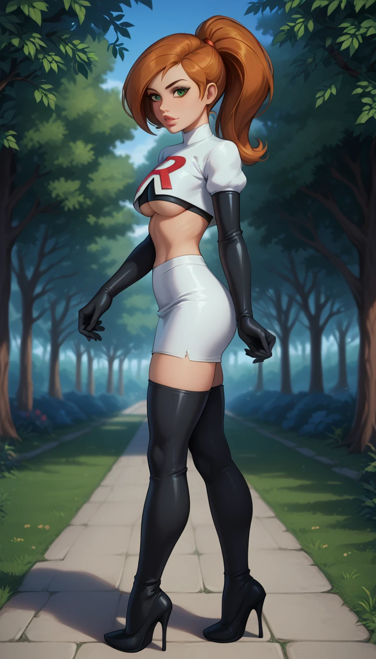 score_9, score_8_up, score_7_up, 1girl, solo, beautiful waifu, Kim Possible, ponytail, filled lips, thick lips, detailed eyes, detailed face, flirt, looking at viewer, Cosplay_TeamRocket, team rocket uniform, white jacket, cropped jacket, white skirt, elbow gloves, black thigh highs, heels, underboob, in beautiful green park, trees, low light, early evening, shallow depth of field, (side view:1.2), full body shot:1.3).