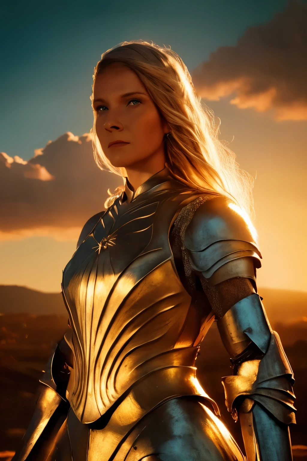 Galadriel, inspired by the series "The Rings of Power", (((L4L4 face))),  in a majestic pose at the center of the scene ,  wearing shimmering armor and elven details,  with its blond hair flowing under a golden light .  The background shows an epic landscape of golden Middle Earth ,  with distant mountains ,  dramatic sky and beams of heavenly light .  Determined expression and intense gaze ,  capturing your strength and wisdom .  Hyper-realistic details on the face and hands ,  metal texture of the highly detailed armor ,  skin illuminated with perfection ,  cinematic atmosphere , epic and glorious . natural light, 35mm photograph, film, professional, 4K, highly detailed, Golden hour lighting. Depth of field F2. Rule of Thirds Composition.
