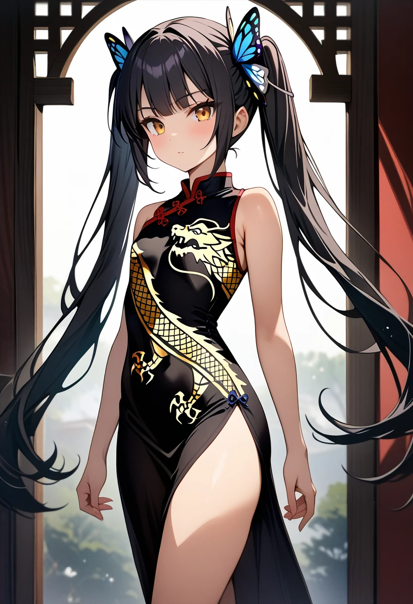 masterpiece,  best quality,  perfect face,  highest resolution, Ryuuge Kisaki,  1 girl, young,  black hair,  twin tails, Butterfly Hair Ornament,  long hair,  flat chested, Chinese Dress , dragon print, Gold embellished dress