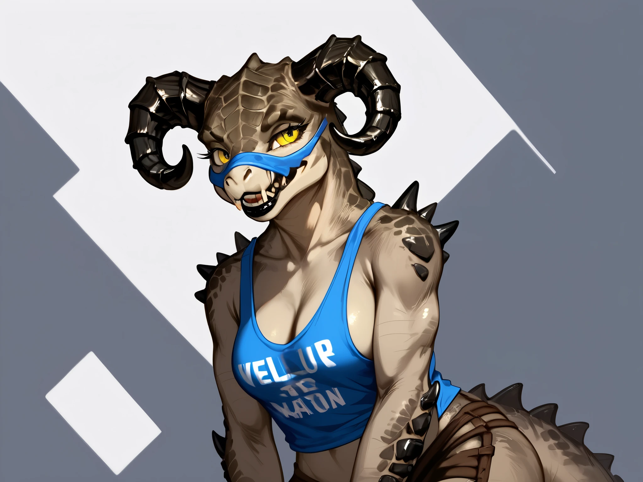 (((Masterpiece))), ((4k)), (best body), Solo, score_9,score_8_up,score_7_up, kemono style, Anthro deathclaw from fallout, Anthro reptile girl, snout, green scaled skin, gold eyes, black lips, black horns, black ram horns, athletic body, smiling, wearing brown laced tank top, (detailed background), (full body) digitigrade legs, 