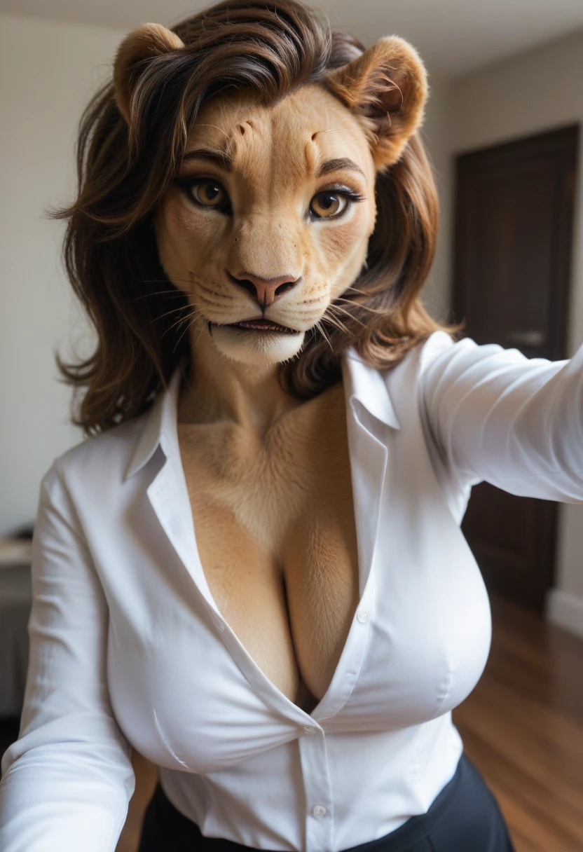 Female lion, furry lion, brown fur, brown hair , light brown eyes, blushing shy, big breasts, pov selfie ,wearing formal shirt white long sleeves,Bad lighting, bad shadows, realistic, amazing details, realistic light, realistic shadows, realism, high quality, high resolution, high definition,4k,Vivid colors, volumetric light ,Big breasts ,Furry fur, realistic fur