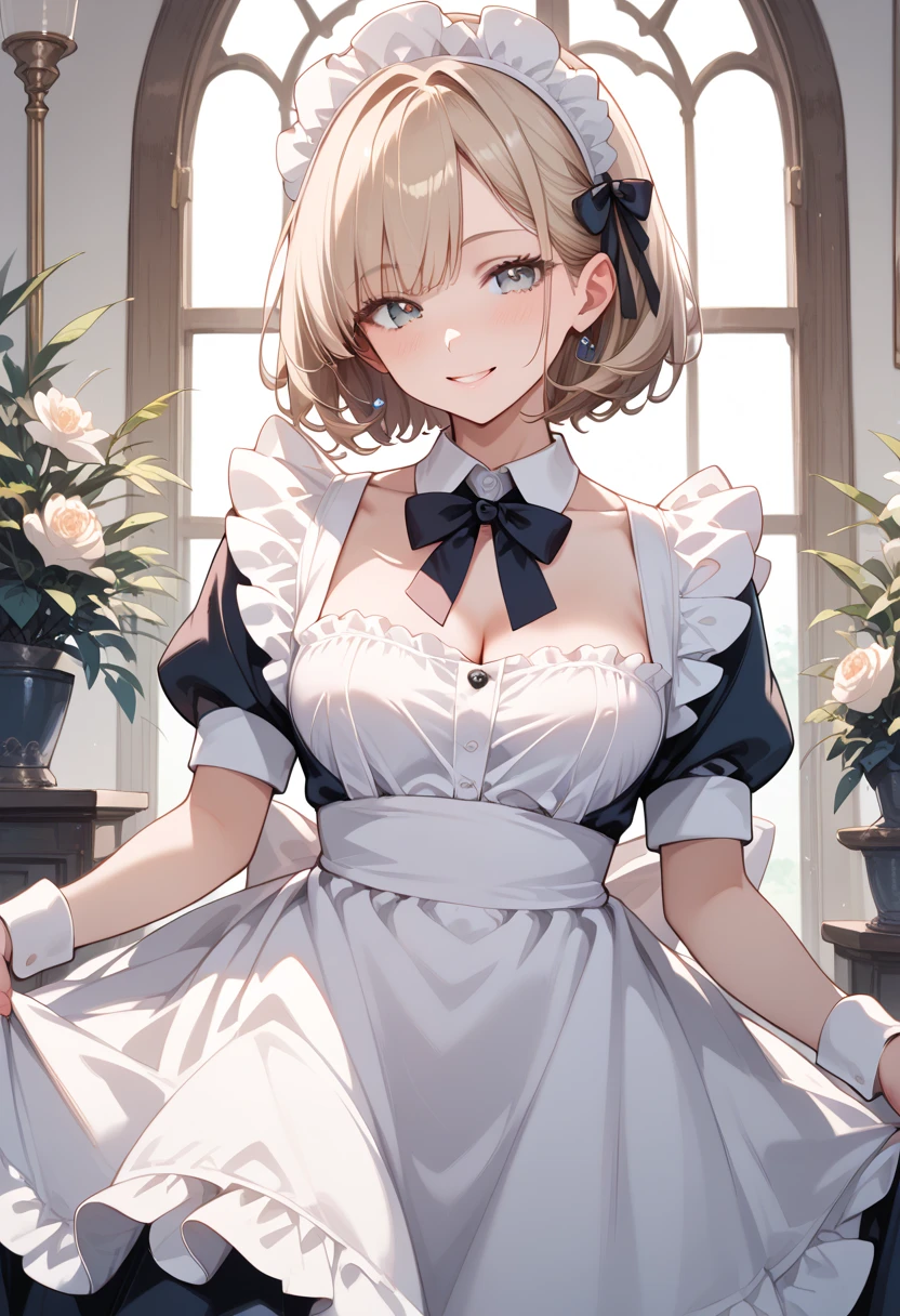 (masterpiece, best quality, ultra detailed, high resolution, detailed facial description), (1 lady:1.3, solo), (maid, maid headdress, maid apron), (light smile, seductive smile, blush)