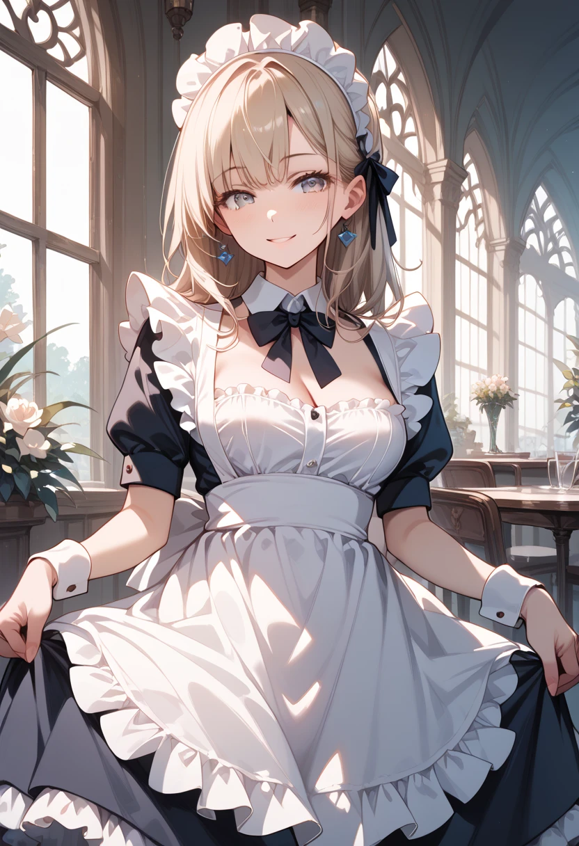 (masterpiece, best quality, ultra detailed, high resolution, detailed facial description), (1 lady:1.3, solo), (maid, maid headdress, maid apron), (light smile, seductive smile, blush)