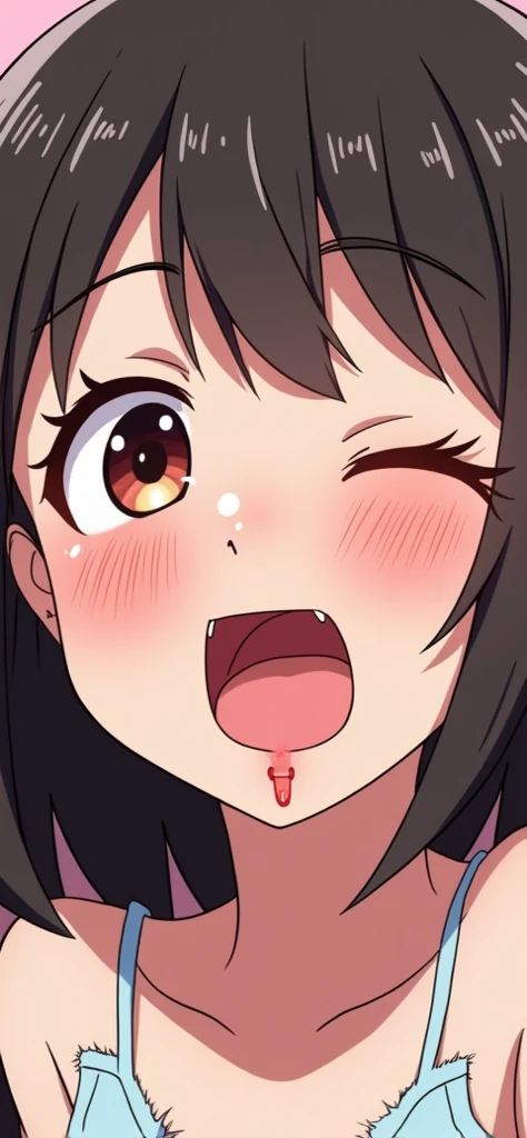 (1girl, nakano azusa, K-On!), beautiful detailed eyes, red eyes,(tareme), (half-closed eyes), (opened big mouth, licking, Sticky tongue), nsfw, (close-up mouth), Highest quality, Super detailed, masterpiece, Ultra-high resolution, 8k, Embarrassing, blush, Lovely, (With tears in her eyes and her mouth open), Sticky saliva