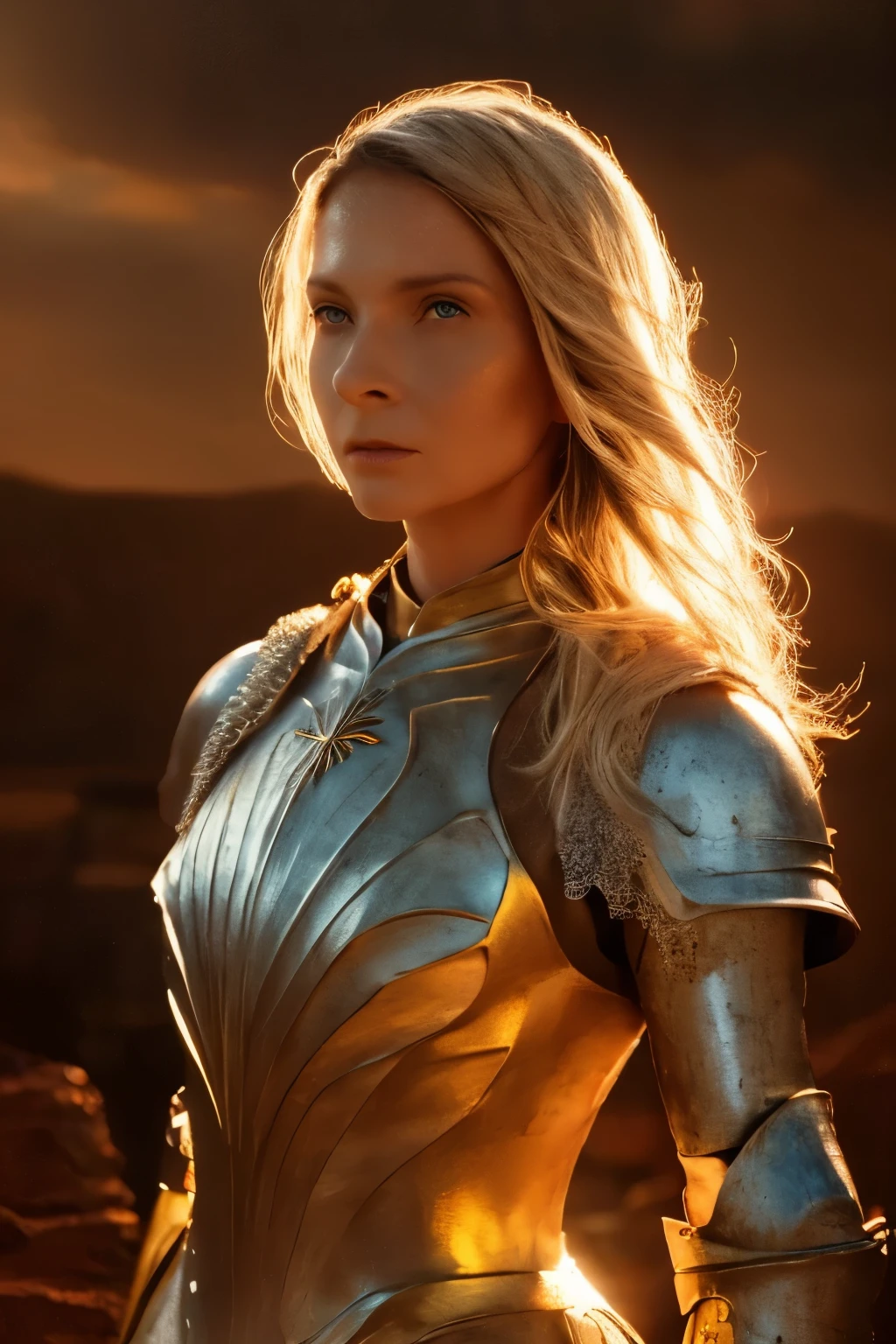 Galadriel, inspired by the series "The Rings of Power", (((L4L4 face))),  in a majestic pose at the center of the scene ,  wearing shimmering armor and elven details,  with its blond hair flowing under a golden light .  The background shows an epic landscape of golden Middle Earth ,  with distant mountains ,  dramatic sky and beams of heavenly light .  Determined expression and intense gaze ,  capturing your strength and wisdom .  Hyper-realistic details on the face and hands ,  metal texture of the highly detailed armor ,  skin illuminated with perfection ,  cinematic atmosphere , epic and glorious . natural light, 35mm photograph, film, professional, 4K, highly detailed, Golden hour lighting. Depth of field F2. Rule of Thirds Composition.
