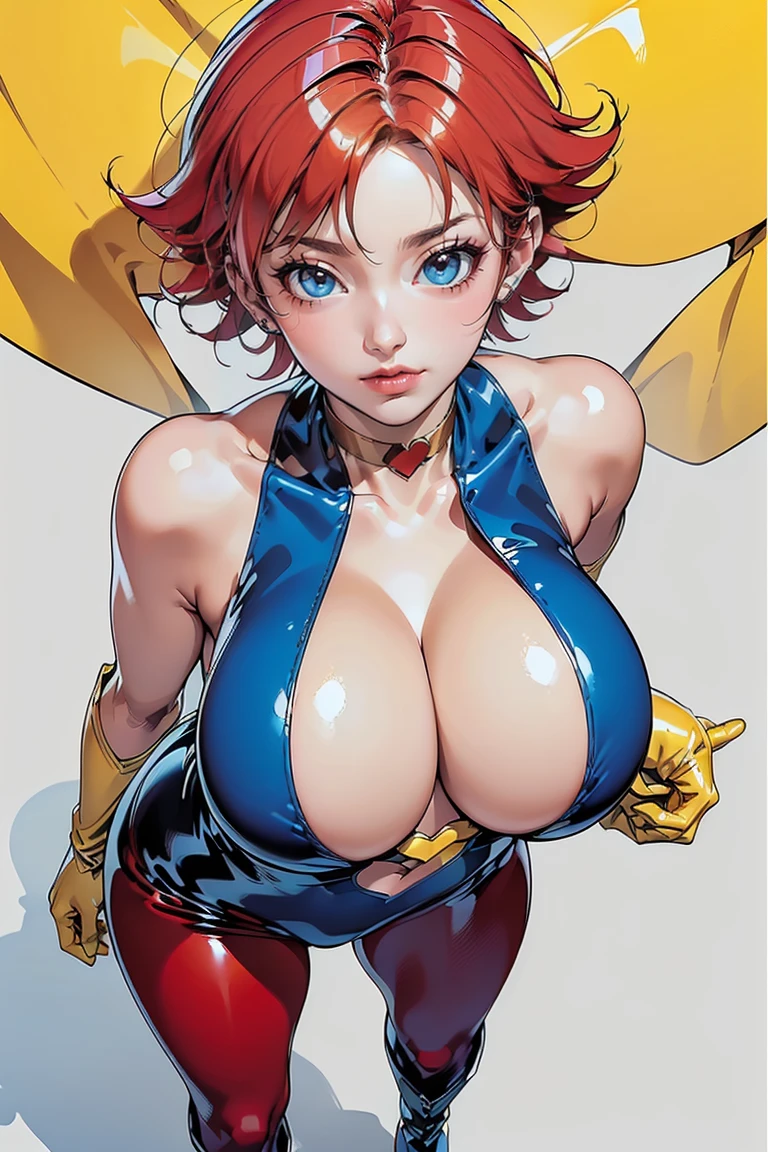 ((Masterpiece, top quality, high resolution, highly detailed CG unified 8K wallpaper)), (huge stunning goddess shot, very hot and sexy, jaw-dropping beauty, perfect proportions, beautiful body, slim body beauty:1.1), 1 woman, (cutie honey, Red hair, short hair, big eyes, Detailed face and eyes, staring at camera:1.3), (Blue and red tight suits, Detailed latex suit, glossy, blue tops, Red from belly to legs, Detailed, midrift top, cleavage cutout, cleavage, bare shoulders, bare backs, choker with heart symbol, yellow gloves, elbow gloves, yellow  boots, long boots, armlet:1.4), hands on hips, feet spread apart, (View from above), smile, 