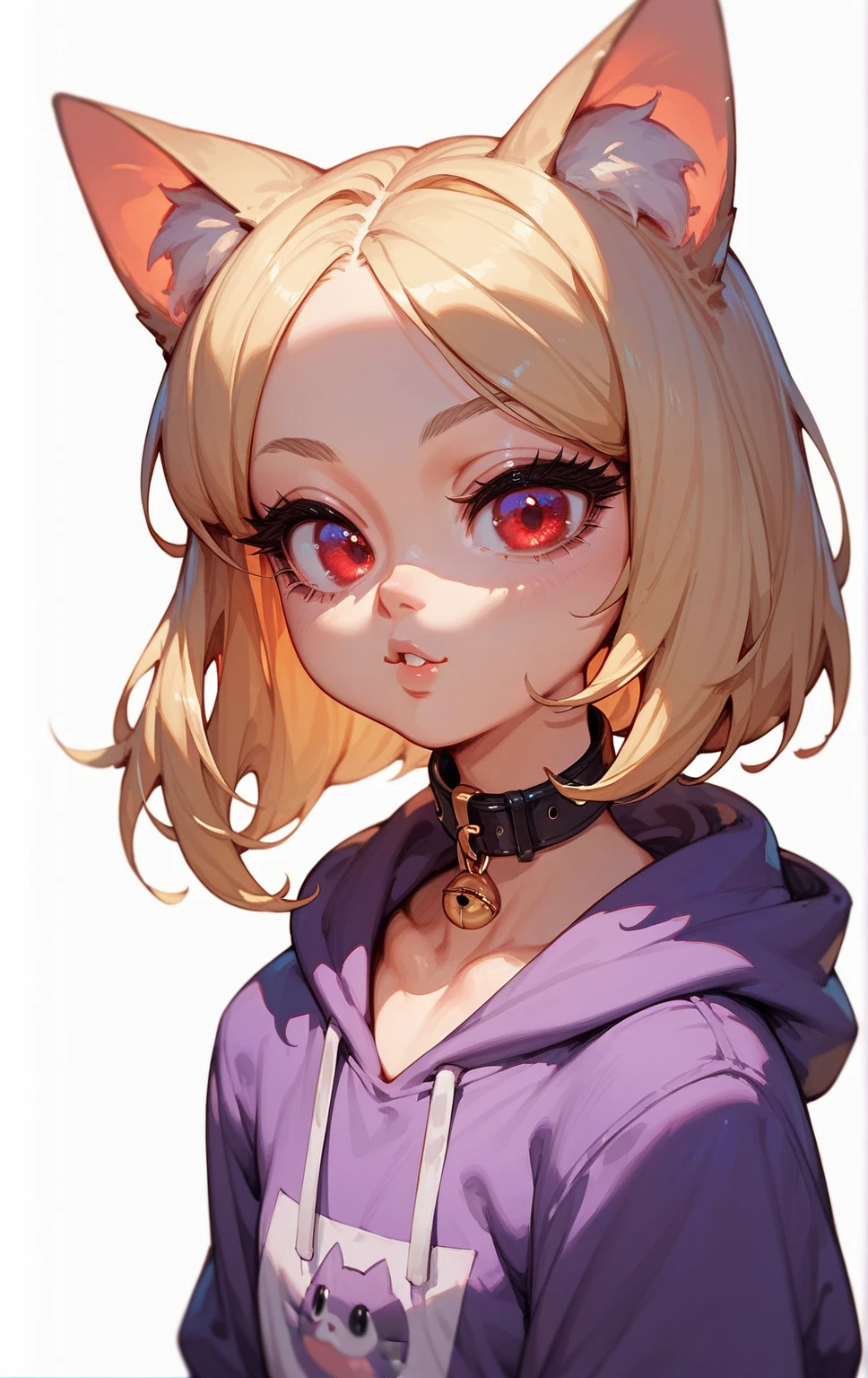  1 girl , Blonde, shorthair, cat ears the same color as the hair, red eyes, big eyes, long lashes,Black collar,Purple hoodie, hot pants, white background 