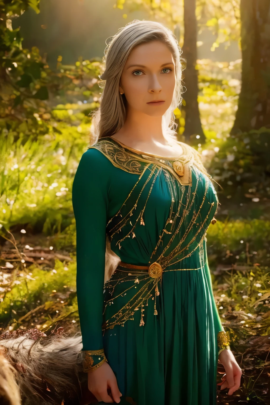 Galadriel, a radiant elven queen, standing gracefully in a magical elven forest bathed in soft, ethereal light. She is wearing a flowing green dress adorned with intricate golden embroidery, reminiscent of delicate vines and leaves, perfectly complementing the lush surroundings. Her long, silvery hair cascades over her shoulders, glowing softly in the dappled sunlight filtering through ancient, towering trees. The forest is alive with magical energy, featuring bioluminescent flowers, sparkling streams, and faint, glowing particles floating in the air. Her expression is serene and wise, her piercing eyes reflecting the timeless beauty and wisdom of the elves. The scene is infused with an otherworldly atmosphere, with fine details in the textures of her dress, the bark of the trees, and the vibrant flora. Photorealistic rendering, ultra-high-definition, with dramatic, yet soft lighting highlighting her elegance and the magical ambiance of the forest.