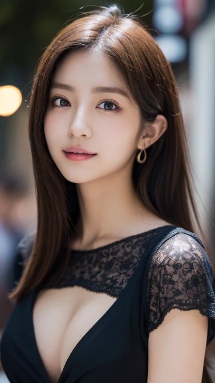 Tabletop, highest quality, figure, Very detailed, In detail, High resolution, 8k wallpaper, Perfect dynamic composition, Beautiful fine details, dress,Medium Hair, Center of chest, Natural color lip, Random sexy poses,smile,Aoyama Street Walk、20-year-old girl、Shoulderless knit（Shui Color）、Slid、Choker with chain、I keep my hair tied