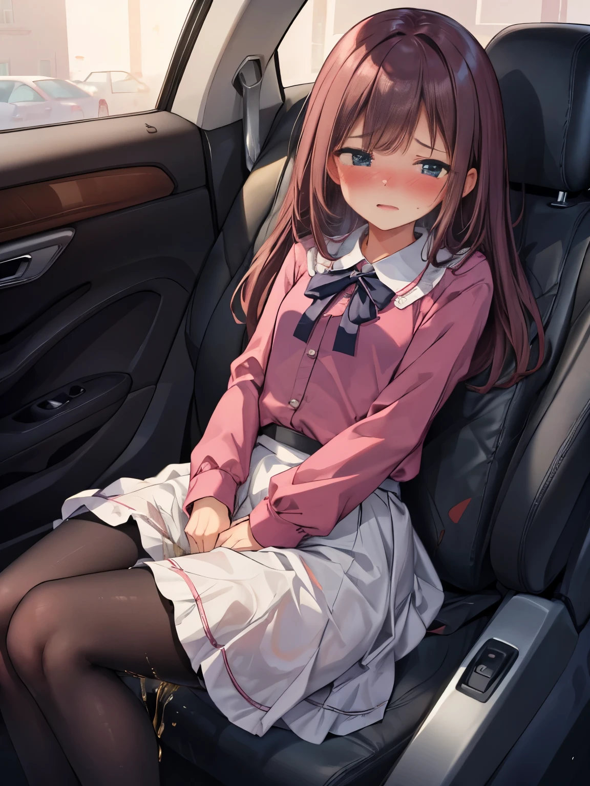 (8K, ultra-detailed, best quality, anatomically perfect body:2), (beautiful breast:1.2), shiny skin, (1 girl), (have to pee), (desperate urge to pee), (very desperate to pee), (her bladder is at its limit:1.5), (in the car, sitting:1.6), (fidget:1.2), (blouse, long skirt, pantyhose:1.5), (ankle boots), panty pull, (Untidy hair:1.4), (she squeezes her crotch tightly:1.8), (leaning backward:1.5), (knees together, Rub each other's thighs:1.3), (shrugs:1.6), (orgasm:1.5), (full face blush:1.7), (embarrassment:1.6), (impatience:1.7), (flustered:1.5), (flowing sweat:0.7), (twist whole body:1.4), (panting), breathless, (Humiliation), (Erotic feelings), (closed eyes:0.95), (She is fetish to endure pee:1.5), (tear), looking away, (head tilt:1.1), (parted lips:1.1), (SIGMA 105 mm F/2.8, 1/100 sec shutter, award-winning), nsfw,