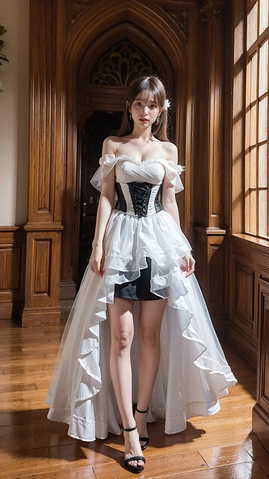 best quality, tmasterpiece,Ultra-high resolution,Clear face,（Reality：1.4），ferpect lighting，(full body photo), (photorealistic:1.50), anime wallpaper, Guviz style artwork, cover-up fantasy up to magic , by Yang J, Guviz, beautiful artwork illustration, beautiful digital artwork, beautiful digital illustration, Li Song, beautiful anime portrait, art style in Beauvot,1girl, absurdres, Odette_ML, 独奏, smiling, looking at viewer, cowboy shot, (blonde hair1.3), (hair ornament), smile, yellow eyes, white dress, short dress, medium breast, looking at viwer,room background:1.5, computers,From above:1.3,(Standing:1.5),