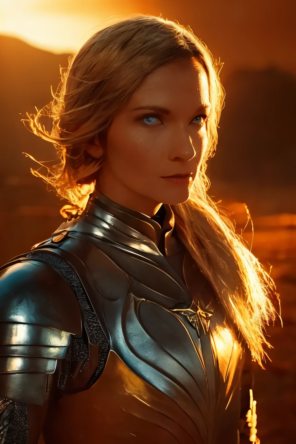 Galadriel, inspired by the series "The Rings of Power", (((L4L4 face))),  in a majestic pose at the center of the scene ,  wearing shimmering armor and elven details,  with its blond hair flowing under a golden light .  The background shows an epic landscape of golden Middle Earth ,  with distant mountains ,  dramatic sky and beams of heavenly light .  Determined expression and intense gaze ,  capturing your strength and wisdom .  Hyper-realistic details on the face and hands ,  metal texture of the highly detailed armor ,  skin illuminated with perfection ,  cinematic atmosphere , epic and glorious . natural light, 35mm photograph, film, professional, 4K, highly detailed, Golden hour lighting. Depth of field F2. Rule of Thirds Composition.
