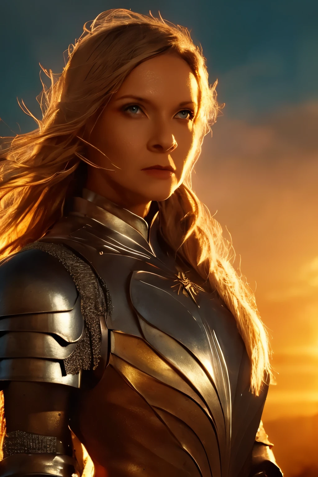 Galadriel, inspired by the series "The Rings of Power", (((L4L4 face))),  in a majestic pose at the center of the scene ,  wearing shimmering armor and elven details,  with its blond hair flowing under a golden light .  The background shows an epic landscape of golden Middle Earth ,  with distant mountains ,  dramatic sky and beams of heavenly light .  Determined expression and intense gaze ,  capturing your strength and wisdom .  Hyper-realistic details on the face and hands ,  metal texture of the highly detailed armor ,  skin illuminated with perfection ,  cinematic atmosphere , epic and glorious . natural light, 35mm photograph, film, professional, 4K, highly detailed, Golden hour lighting. Depth of field F2. Rule of Thirds Composition.
