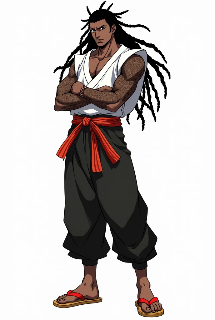 anime style drawing of a shirtless black man character with braided hair in a fighting pose