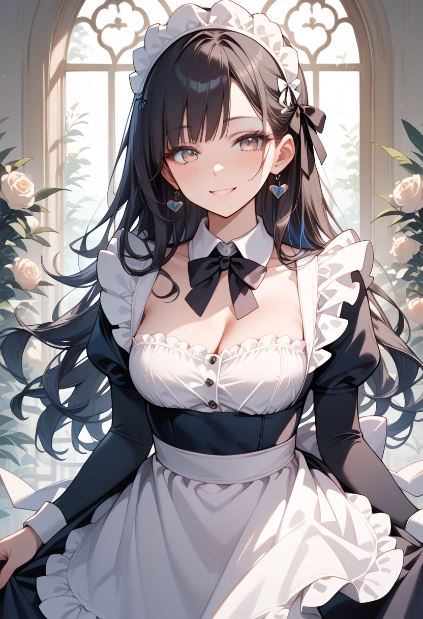 (masterpiece, best quality, ultra detailed, high resolution, detailed facial description), (1 lady:1.3, solo), (black long hair:1.2), (maid, maid headdress, maid apron), (light makeup:1.1), (light smile, seductive smile, blush)