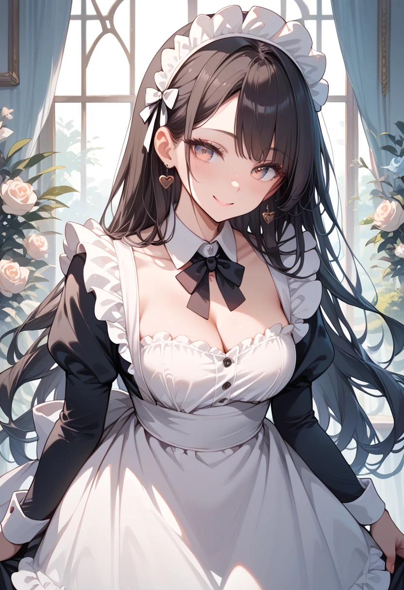 (masterpiece, best quality, ultra detailed, high resolution, detailed facial description), (1 lady:1.3, solo), (black long hair:1.2), (maid, maid headdress, maid apron), (light makeup:1.1), (light smile, seductive smile, blush)