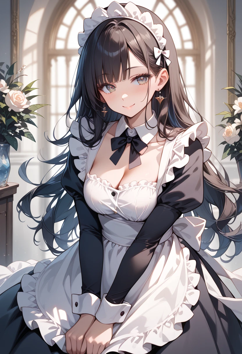 (masterpiece, best quality, ultra detailed, high resolution, detailed facial description), (1 lady:1.3, solo), (black long hair:1.2), (maid, maid headdress, maid apron), (light makeup:1.1), (light smile, seductive smile, blush)