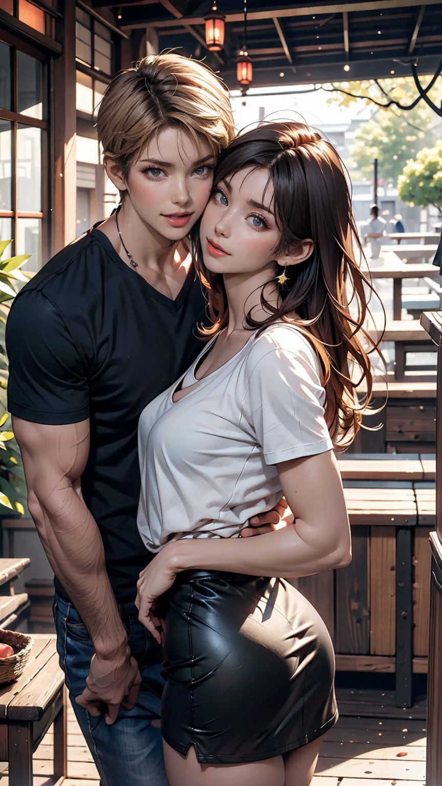 a muscular man, yellow and white stripes pattern print formal shirt, open shirt, folded collar, short black hair, handsome detailed face, large breasts, sexy expression, looking directly at viewers, black pants,