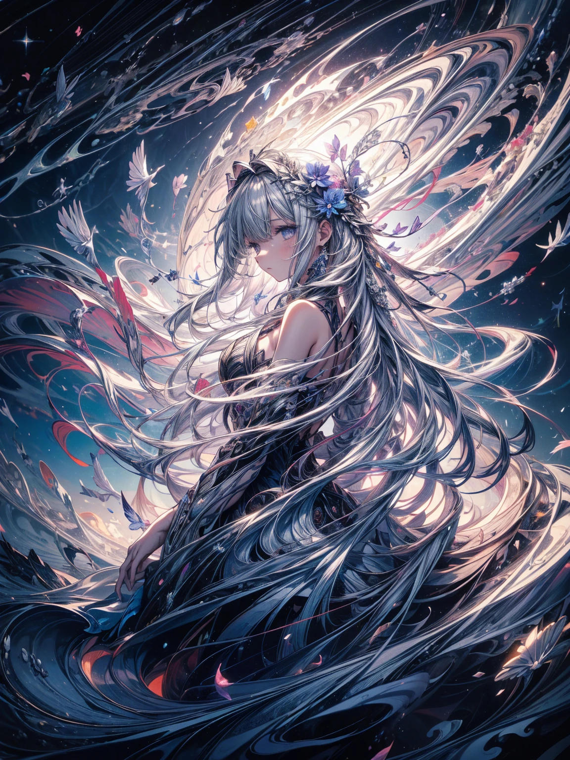 Break, waves,  1 girl, No.18, Very long hair,  Silver Slit Dress, 
Flowers Bloom ,  galaxy,  Spiral Nebula , birds,   Like a Dream ,
 Best quality, masterpiece,  ultra high resolution, illustration, Deep Shadows, edge light, 