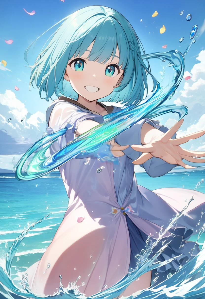 (masterpiece、Highest quality、Highest quality、Official Art、Beautiful and beautiful:1.2)、(One girl:1.3)Hatsune Miku、Twin tails,Beautiful breasts,(masterpiece, Highest quality, Super detailed, High resolution, Highly detailed CG, Official Art, Professional Lighting, Perfect Anatomy, Anime Color), (From below:1.2), (from the front:1.5), Fisheye Lens, whole body, Perfect body, 18歳の美しいOne girl, Large Breasts, Open your mouth, Blue Hair, Mid-length hair, blue eyes, Glowing Skin, Pale skin, Curvy, White Dress, Circlet, (fine lace panties:1.2), (Glare:1.5),
Break the chant spell, stand, (Stretch your arms out in front of you:1.3), (Big magic wand), (View your viewers), (Open Stance:1.5), (View your viewers),
Break Sage, 
Breaking the simple background of dark blue, (Water walls on both sides:1.5), (On the Sea:1.5),(Magic water effect:1.5), Wind, Stormy atmosphere, Water Conversion, (blue sky), Outdoor, (Depth of written boundary:1.3)