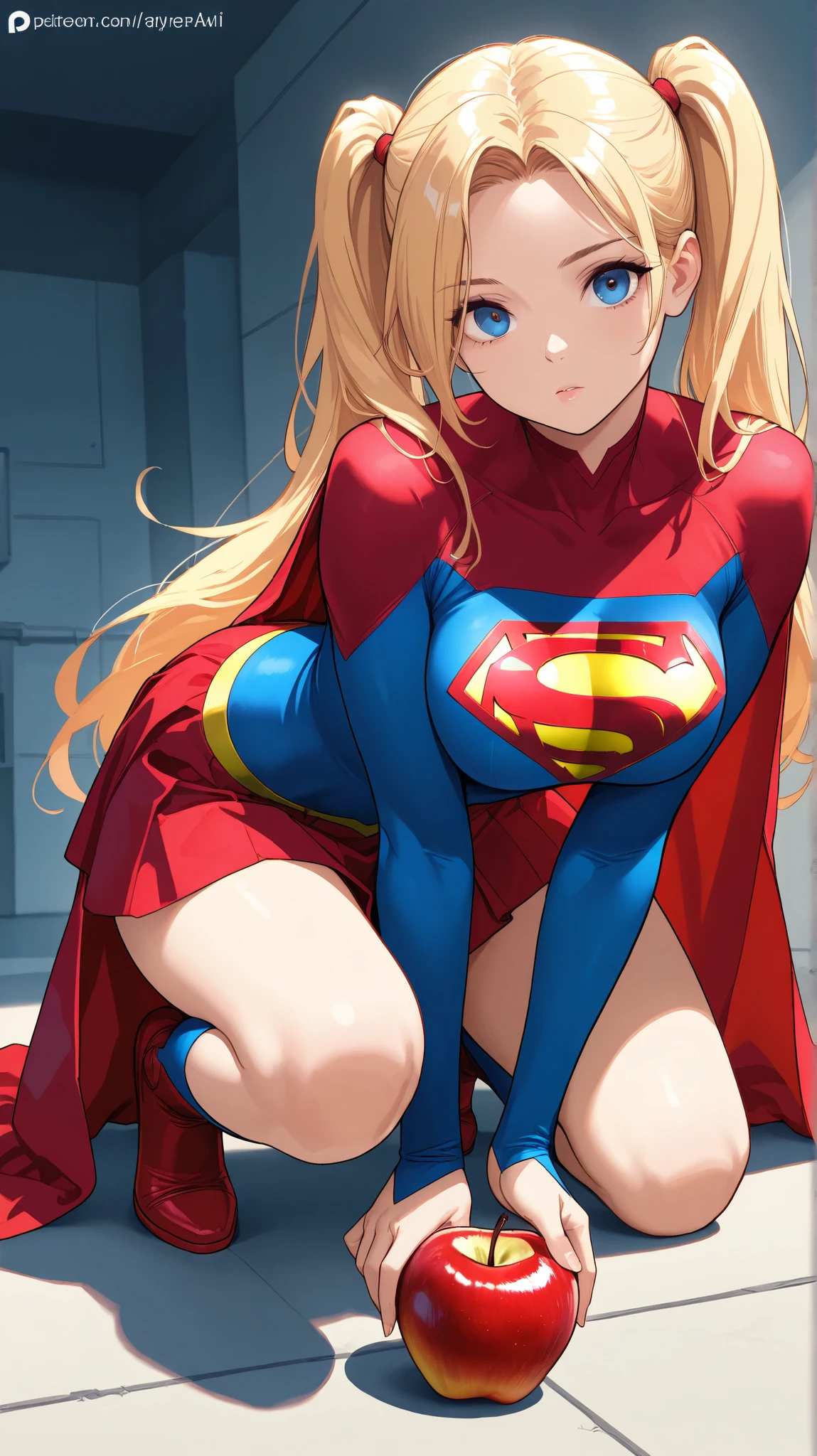 1girl, High Resolution, Breasts, Long Hair, Looking at viewer, supergirl, Masterpiece, High Resolution, Anatomically Correct, Blonde Hair, Twintails, skirt, cybernetic, Very Long Hair, Blue eyes, bending down to pick up an Apple