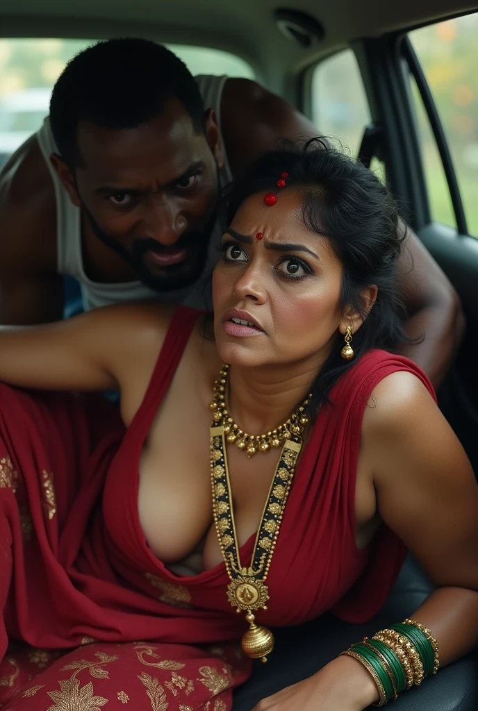32 years old Actress nayanthara ultra realistic face angry expression, swooping breasts curvy, and long strapless red dress he is pressing her tightly and kissed by an old men and penetrating by his penis and fucking her hard, penis penetrate into her vagina forcefully while she is screaming and ripping her apart