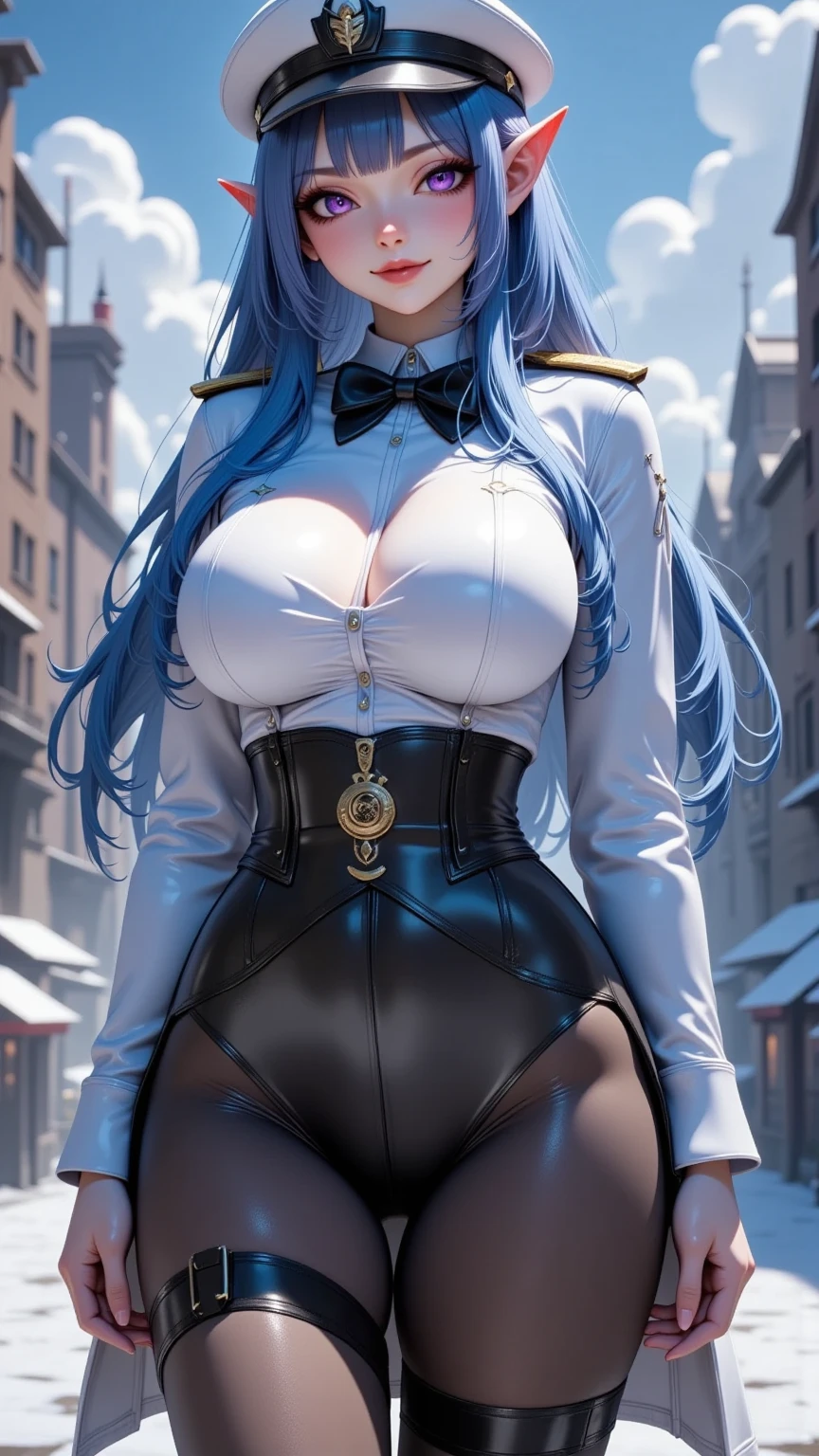  Young Beautiful Dark Elf Women ,( best quality, very detailed depiction , Incredibly Absurd High Definition ,Curvaceous Body, shiny skin with knees,Beautiful legs),(Female military personnel,Female admiral,white-toned latex military uniform with epaulettes, tight skirt , black tights,White cap, high heels),(Blue Skin:2.0, eyeshadow,Glowing purple eyes, half closed eyes:2.0, pointed ears, big breasts,Glossy lips,Shadowed face, bewitching smile,Seductive gestures), full body image :2.0,background:naval port,An anchored warship