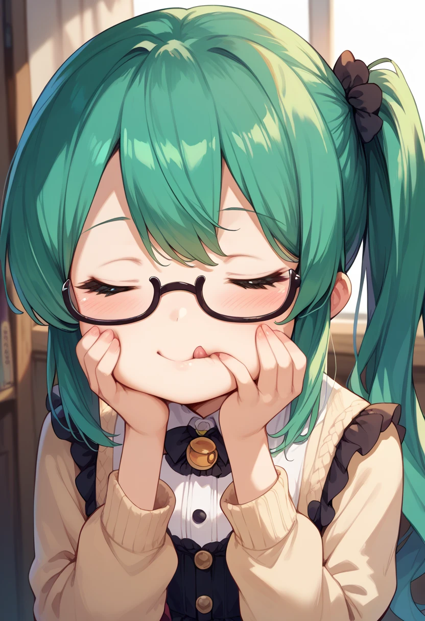 masterpiece, high definition , best quality,8k ((toddler figure body,Young,cute body,cute face,small))
(Kagura Suzu, green hair,side ponytail,Glasses)
(Lower Body Vore)