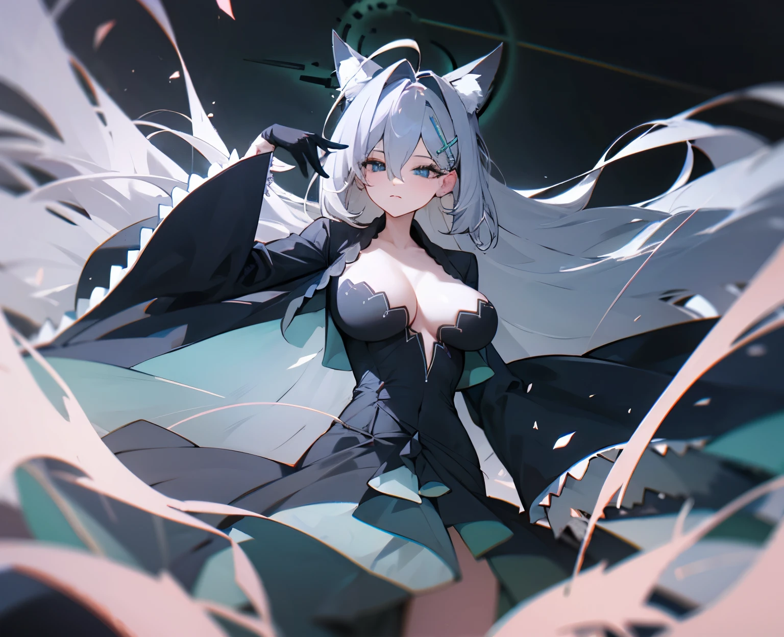 long hair, looking at viewer, blue eyes, large breasts, hair ornament, thighhighs, gloves, long sleeves, dress, animal ears, cleavage, hair between eyes, very long hair, closed mouth, grey hair, cowboy shot
