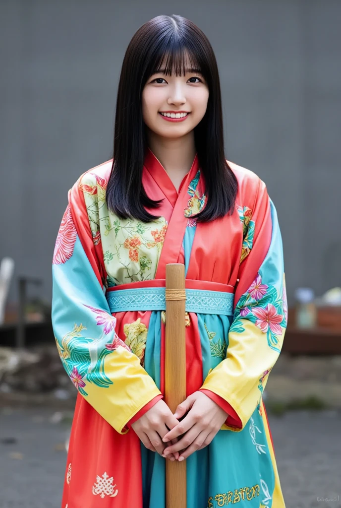  from a front view of her whole body is cute,  holding a wooden sword looking at the front、Chest Guard、The lower body is in a hakama 、  background is monotone  

