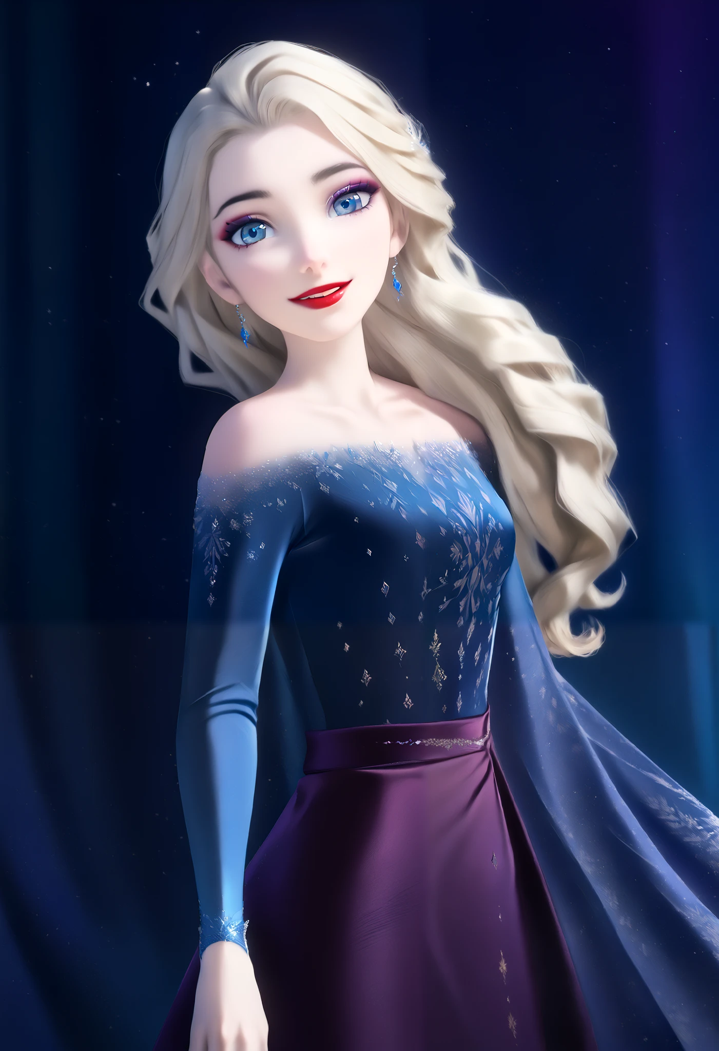 sysdeep_elsa, 1girl, solo, long_hair, looking_at_viewer, smile, blue_eyes, blonde_hair, bare_shoulders, makeup, lipstick, eyeshadow, red_lips,  pose of full body, 