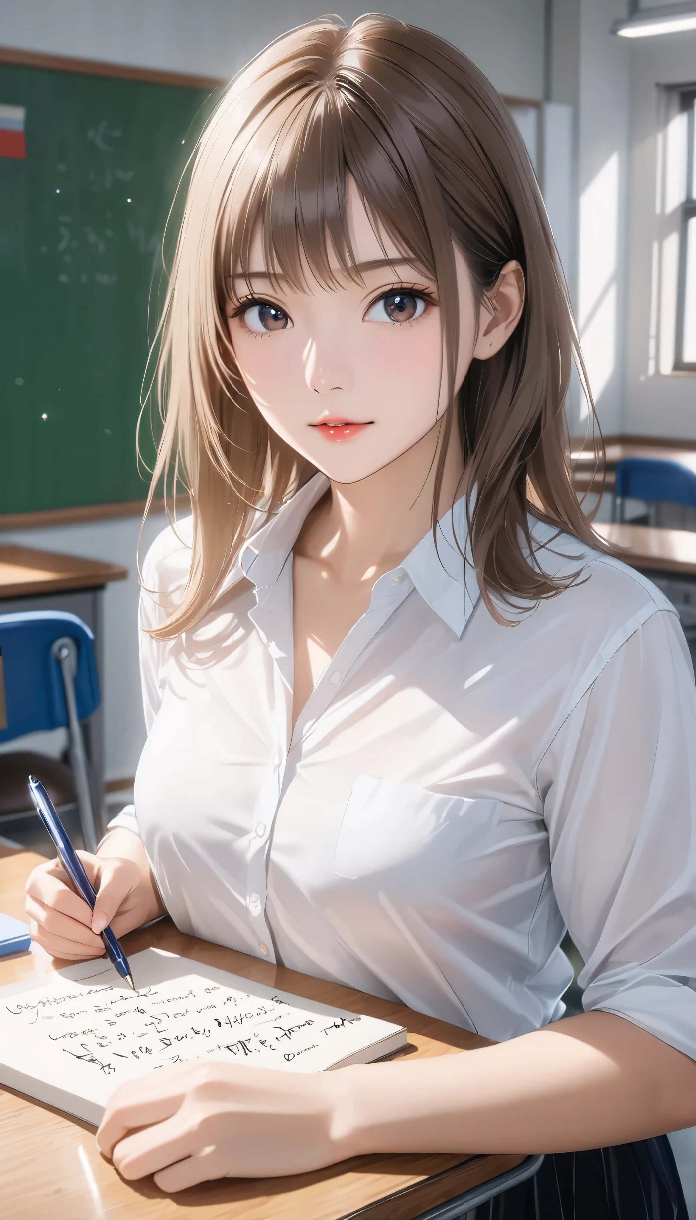 25-year-old woman, Mature Woman, ((In the classroom)), (( school uniform)), RAW photos , (photo realistic : 1.37, realistic ), High Definition Unified CG 8K Wallpaper, 1 girl , ((( perfect body: 1.1)), ( medium chest : 1.2), Show in, ((( Directly from the Front )))), ( High Quality スキン:1.2, shiny skin), 8K HD Streaming, DSLR , soft lighting , High Quality , film grain , FUJIFILM XT3, ((whole body: 0.8)), ( professional writing :1.4) ,