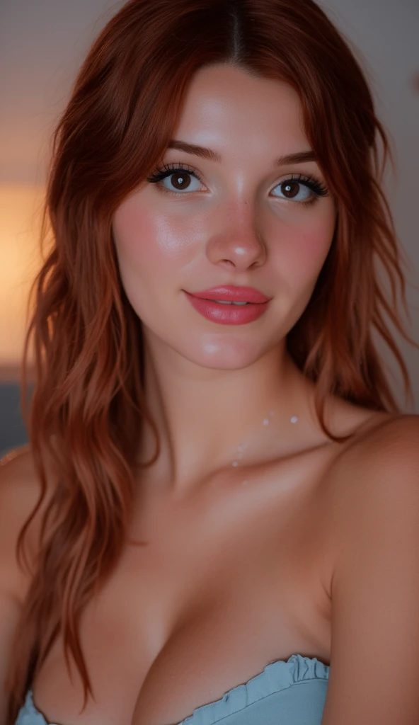  19-year-old girl with dark brown wavy hair ,  which are slightly damp after a shower ,  gently frame her oval face .  Light skin with a slight blush ,  grey eyes ,  reflecting soft light , and full pink lips ,  that are slightly ajar . } Light drops of water are barely visible on her shoulders and clavicles,  creating a feeling of freshness . The background is blurred, with warm lighting,  emphasizing her natural beauty .  Hyperdetail, hyper-clarity,  High-quality professional photo .