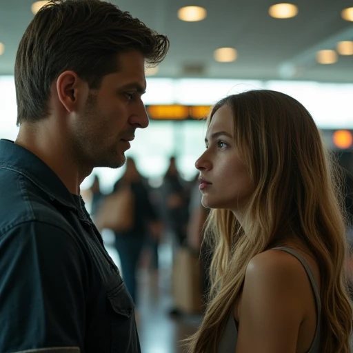 Two people: a man and a teenage girl with long light brown hair and green eyes with a worried face saying goodbye in an airport, facing each other.