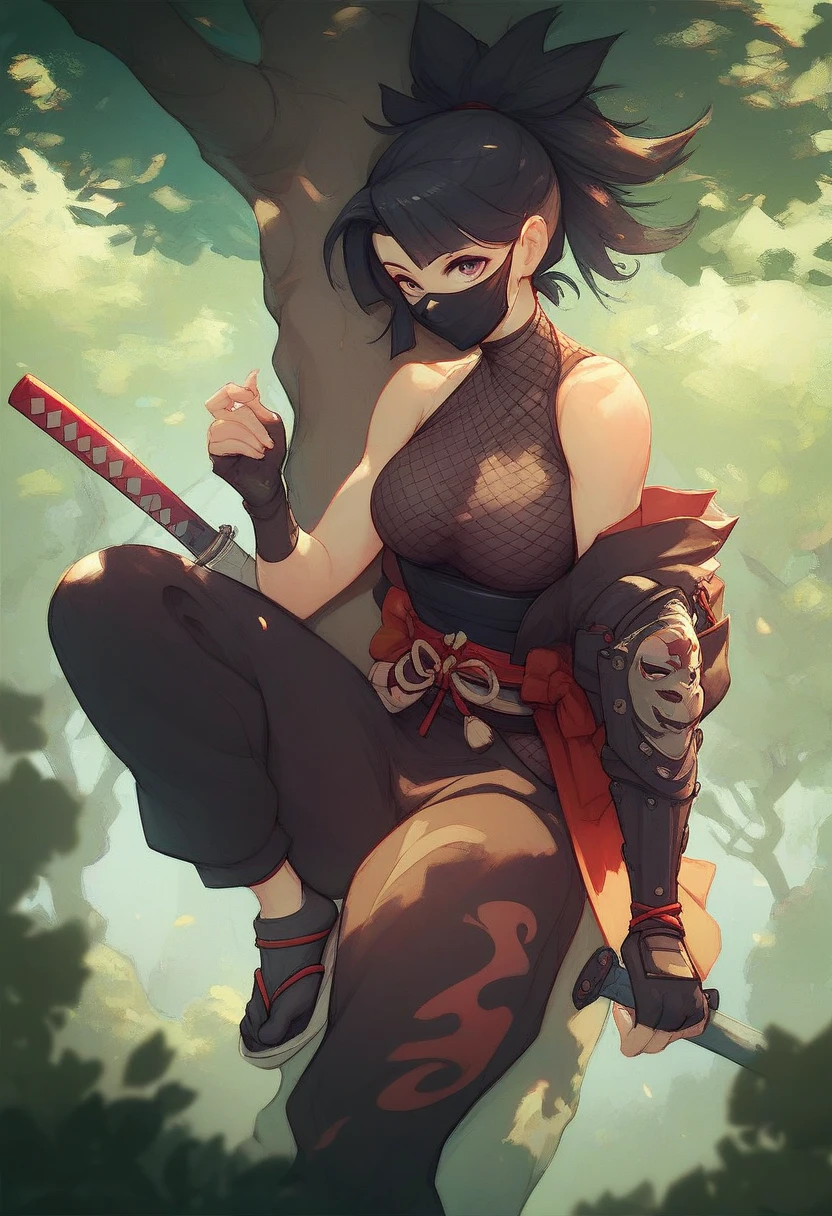 ninja, anime style, masked, sexy, under a sakura tree, score_9, score_8_up, score_7_up, score_6_up, score_5_up, score_4_up, hd, (ultra hd quality details), 8K