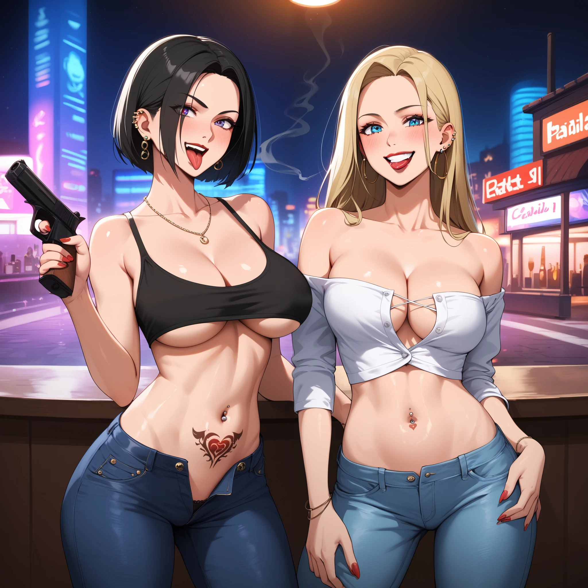 2girls, two girls, blush, lipstick, Hot girl, baddie,  bad attitude, mean girl,ear piercing,, crazy, smoking, sensual, attractive,nightclub, bar, indoor, cityscape, building,  city lights, blush, lipstick,  , masterpiece,high quality,4k, bare shoulder,belly,crop top,holding pistol,cleavage,jeans, casual dress,street,road,smile, open mouth, (nsfw) not safe for work, holding a gun,handgun, evil expression,
exposed belly, exposed navel, exposed midriff, exposed lower belly, crop top overhang, underboob,
unbuttoned jeans , low rise black jeans, Low rise jeans, Low rise jeans with open fly,  tattoo on body, tattoo midriff, rose tattoo, navel piercing, shiny skin, tongue out,