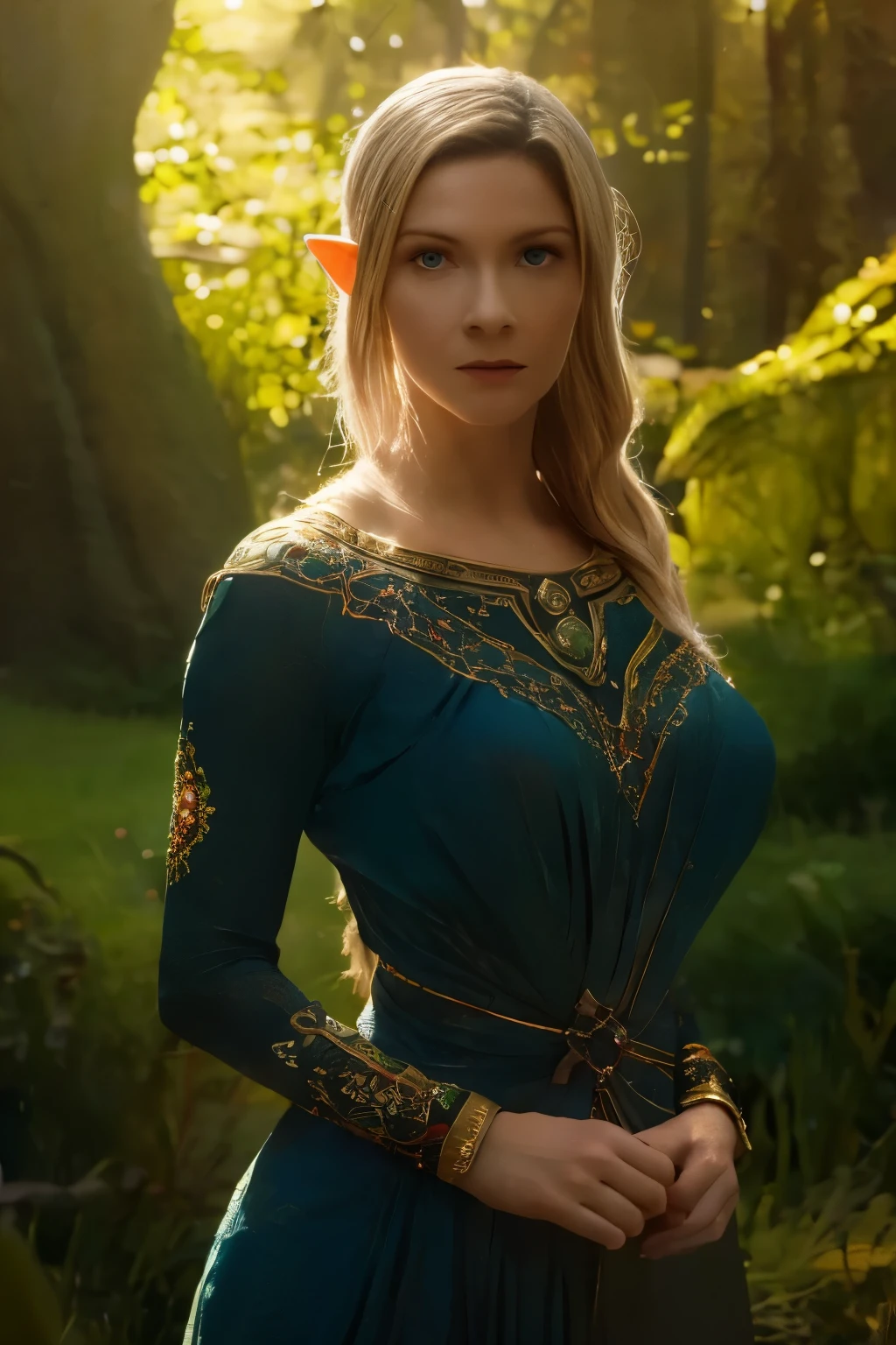 Galadriel, a radiant elven queen, standing gracefully in a magical elven castle, ethereal light. Photorealistic rendering, ultra-high-definition, with dramatic, yet soft lighting highlighting her elegance and the magical ambiance of the forest.