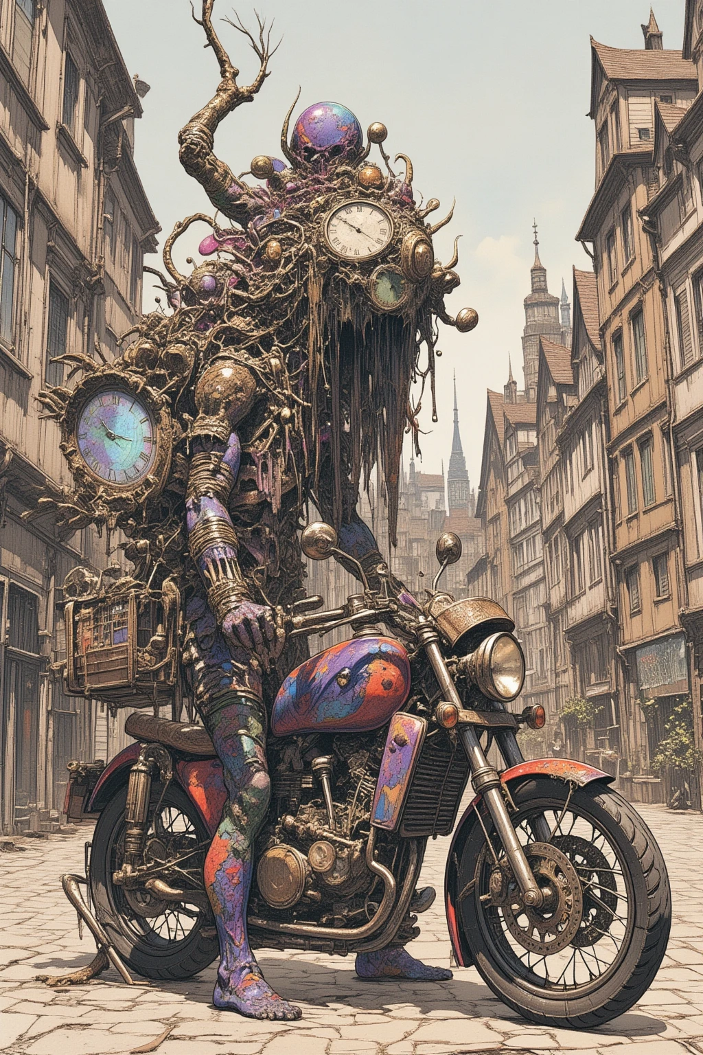 Motorcycle drawing in the ancient city of Strasbourg、Hallucinatory Art  、  dmt Death of Ego  、  Psychedelic Horror  、Grey Sky、 Highly Detailed Fantastic Art  、  DMT Egodes  、 Shamanic Fear  、LSD art、clock、collage、Electricity、Cafe、violin