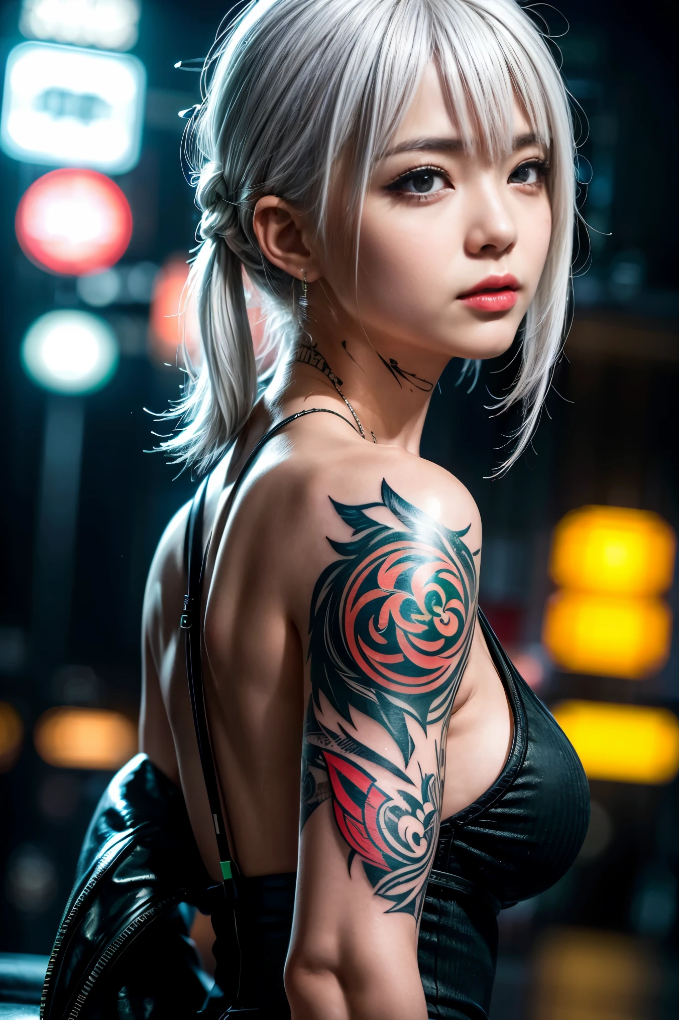 Photorealistic, high resolution, Soft light,1womanl, Solo, Hips up, (Detailed face),tattoo, jewelry, Night City, Police uniform, White hair