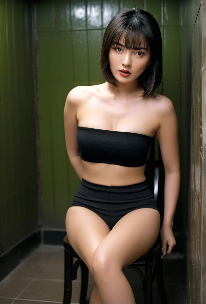 a 20 yo, curly bob hair, wearing black strapless tanktop, show cleavage, dark theme, soothing tones, muted colors, high contrast, natural skin texture, hyperrealism, soft light, sharp, retro poster as background, Dark Blue. Show big thigh, plump body. Sitting on the bed. Closing mouth. Wearing black stocking, garter, Black choker. (the background is a bit gray). Polaroid