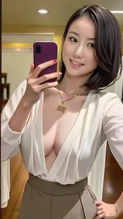 selfie,(highest quality, 8k, 32K, masterpiece, Hmm: 1.2), cute japanese women pictures, large breasts, cleavage,very short bob hair, whole body, face focus, white dress shirt, necklace, simple background, see people from above,white tight jacket, messy hair, with backlight, Western sunlight leaking through my hair, single, Alley,smile