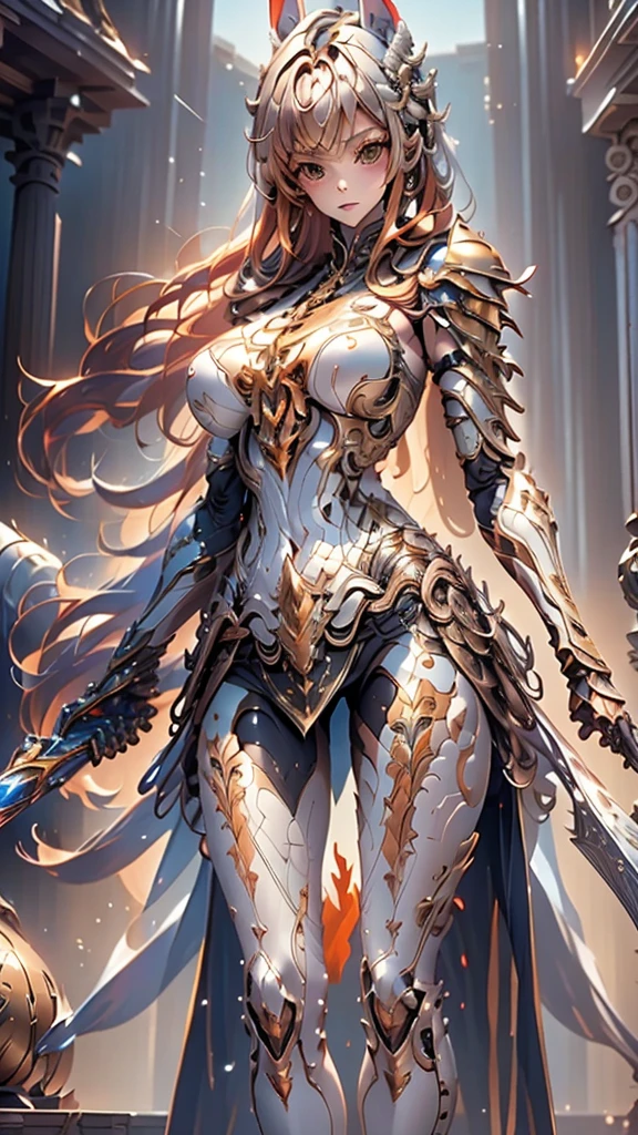 masterpiece, Best Quality, Mischievous girl ,  has long orange hair and orange eyes  ,  Yuuki in the anime girl's costume in white armor and white pants ,  Yuki in costume  from Sword Art Online,  Yuki in costume  , Torn Armor, Underarm Details , Detailed aspect ,  detailed eyes on board, 、Big Breasts、  has a sword in her hand , Angel's Four Wings  , Big feather、I have a large sword in my hand 、 Sword Art Online 、Asuna、whole body、 High Heels 