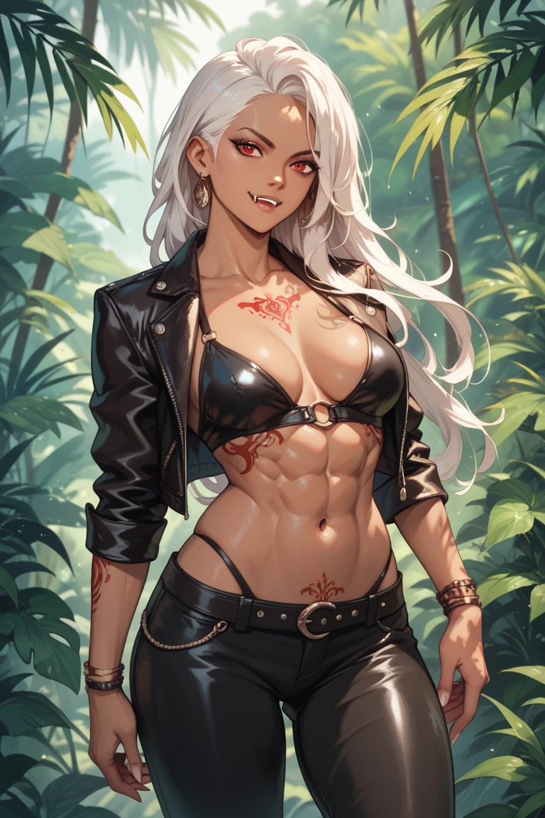 masterpiece, perfect lighting, ultra_detailed, ((1girl)), (alpha), (dark skin),blue_eyes, glowing, hair_between_eyes, heterochromia, long_hair, red_eyes, (((gyaru))), open clothes, tied shirt, standing, bikini, ,leopard print,tied shirt