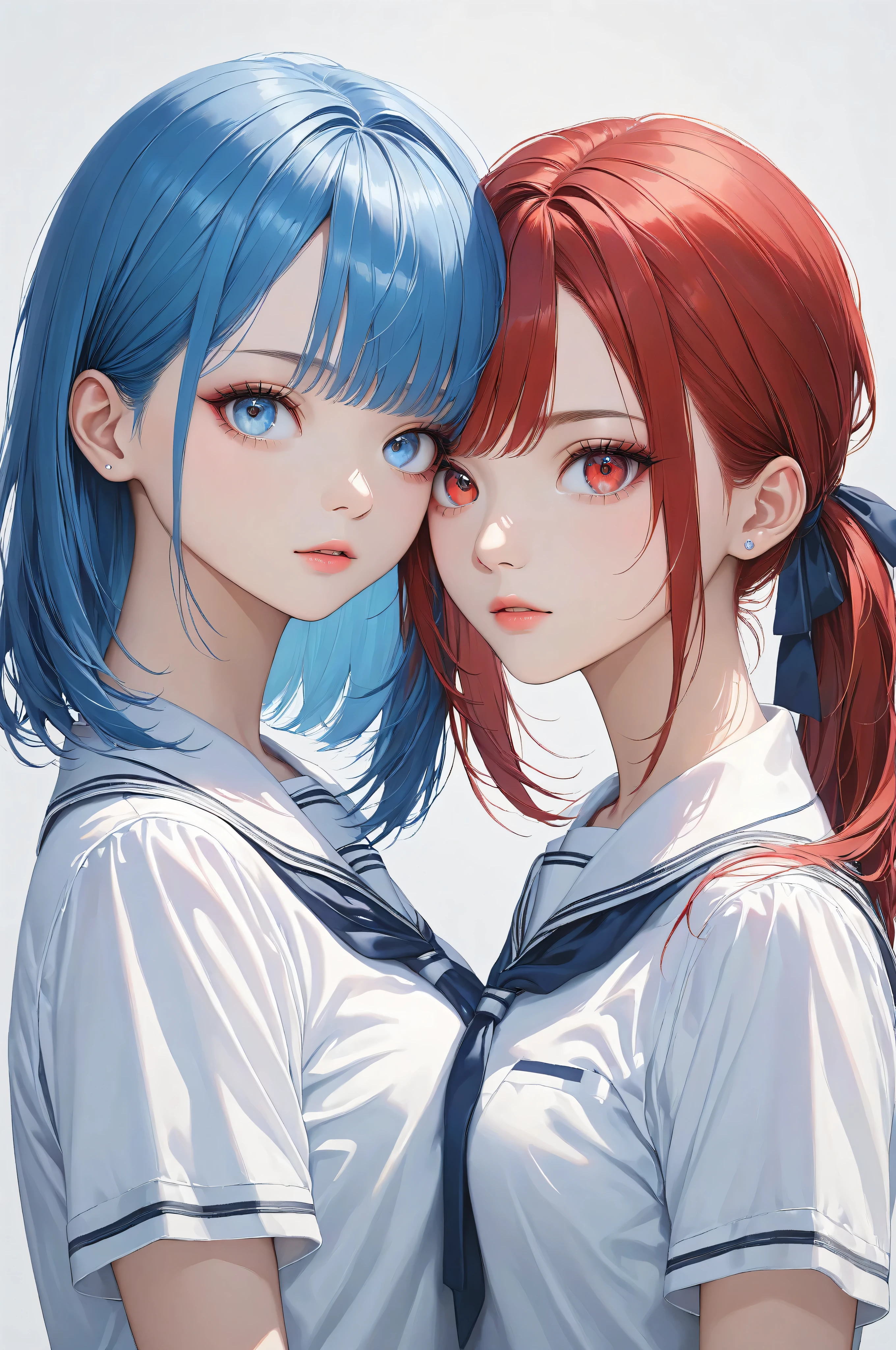Masterpiece, high quality, high resolution, 16K, super detailed background, ultra realistic, digital painting, one girl has red hair ponytail, red eyes, the other girl has short blue hair bob, blue eyes, beautiful face, long eyelashes, clean skin, thin legs, pretty eyes, school, dramatic angles