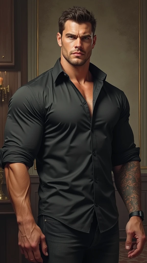(absurdres, highres, ultra detailed, Ultra HD), ((tall handsome muscular man, solo, male model modern clothing, Full length portrait: 1.5, black shirt and black pants)), beautiful, gorgeous, wet, mature, perfect eyes, sexy gaze, (looking at the viewers romantically), perfect body, smooth skin, a hot glow in his skin, wide chest, largest breasts, extremely large pectorals, big nipples, breathtaking grandeur, model pose, colorful, artistic, focus on his calm facial features, elegant look, sexy posture, full body view,