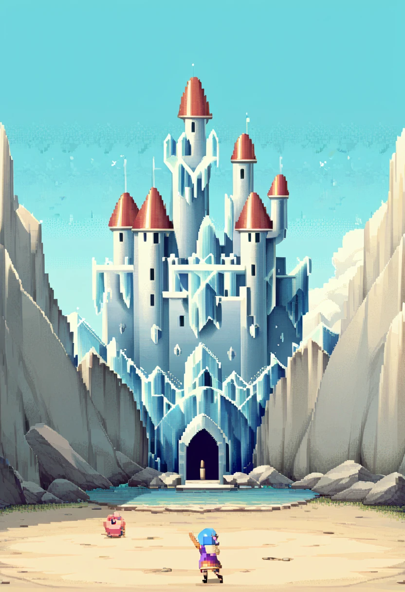 ice castle, pixel art style, lake, girl back, girl looking castle, ice blocks. ice wall,