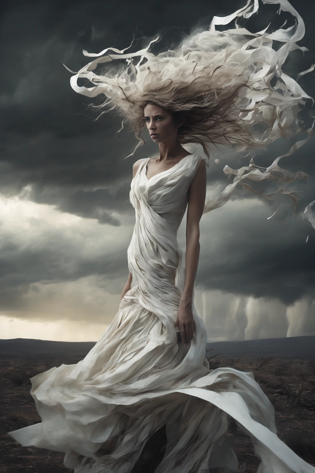 A surreal and haunting scene of a massive, swirling tornado dominating the landscape, its violent winds carrying debris and dust in a chaotic spiral. At the tornado’s core, a figure emerges—a mysterious woman seemingly made of pure white paper. Her form is delicate and intricate, with flowing, layered sheets resembling a dress and fluttering in the tempest. Her pale, enigmatic face peers out with an intense, curious gaze, her paper-like hair whipping wildly in the wind. The background is a desolate plain under a stormy sky, with flashes of lightning illuminating the dramatic spectacle. The atmosphere is both unsettling and mesmerizing, blending natural fury with ethereal beauty