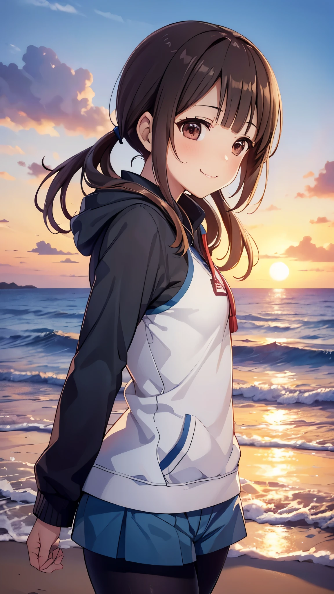(16k, super high resolution, best quality,masterpiece, very detailed, very clear ),okitasawa,low twintale ,black hoodie,blue hot pants, pantyhose,  anatomically correct body  , looking at the camera, very detailed顔の特徴,  beautiful and perfect face, smile:1.3,Sunset sky,夕方の夏冬のsea岸,(( upper body shot :1.3)),sea, sandy beach, looking at the camera, Front Angle,The setting sun,red cheek:1.3