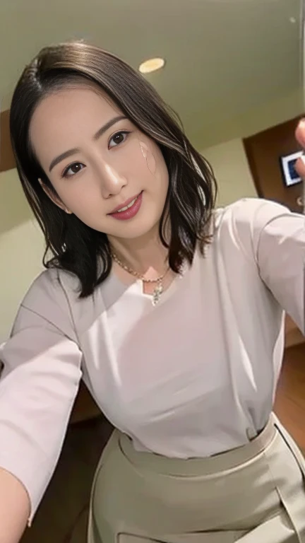 (  best quality, 8k, 32K,  masterpieces in the background ,  super high resolution:1.2), ( selfie ), (( selfie )), (( selfie )), ((Clothes lift)), 美しい女性の selfie 写真, 45 year old housewife , sexy hair,  upper body,  face focus ,  shirt,  Long Skirt ,  Necklaces  ,  simple background, Viewers, (nsfw:1.5)
