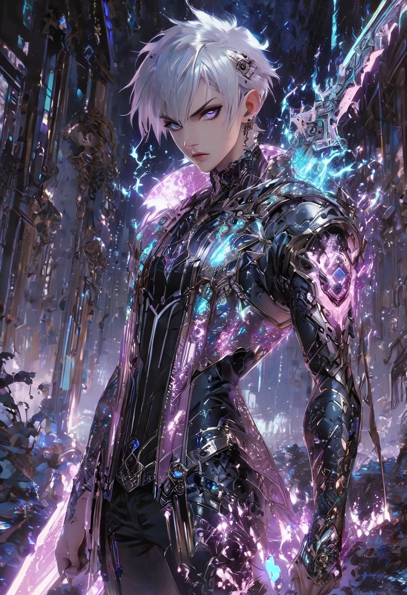 armed,weapon, holding weapon,stylish boy, beauty face, fantasy character, aura art, ethereal atomosphere,interface design, digital artwork, futuristic design, glow neon, glow button, inside futuristic rectangular frame, he fight with glowing sword, global illuminaton, energy burst from sword